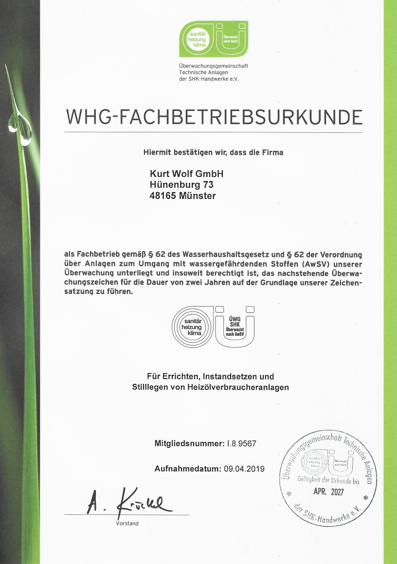 Kurt Wolf GmbH - Fachbetriebsurkunde Fachbetriebsurkunde kurt wolf gmbh